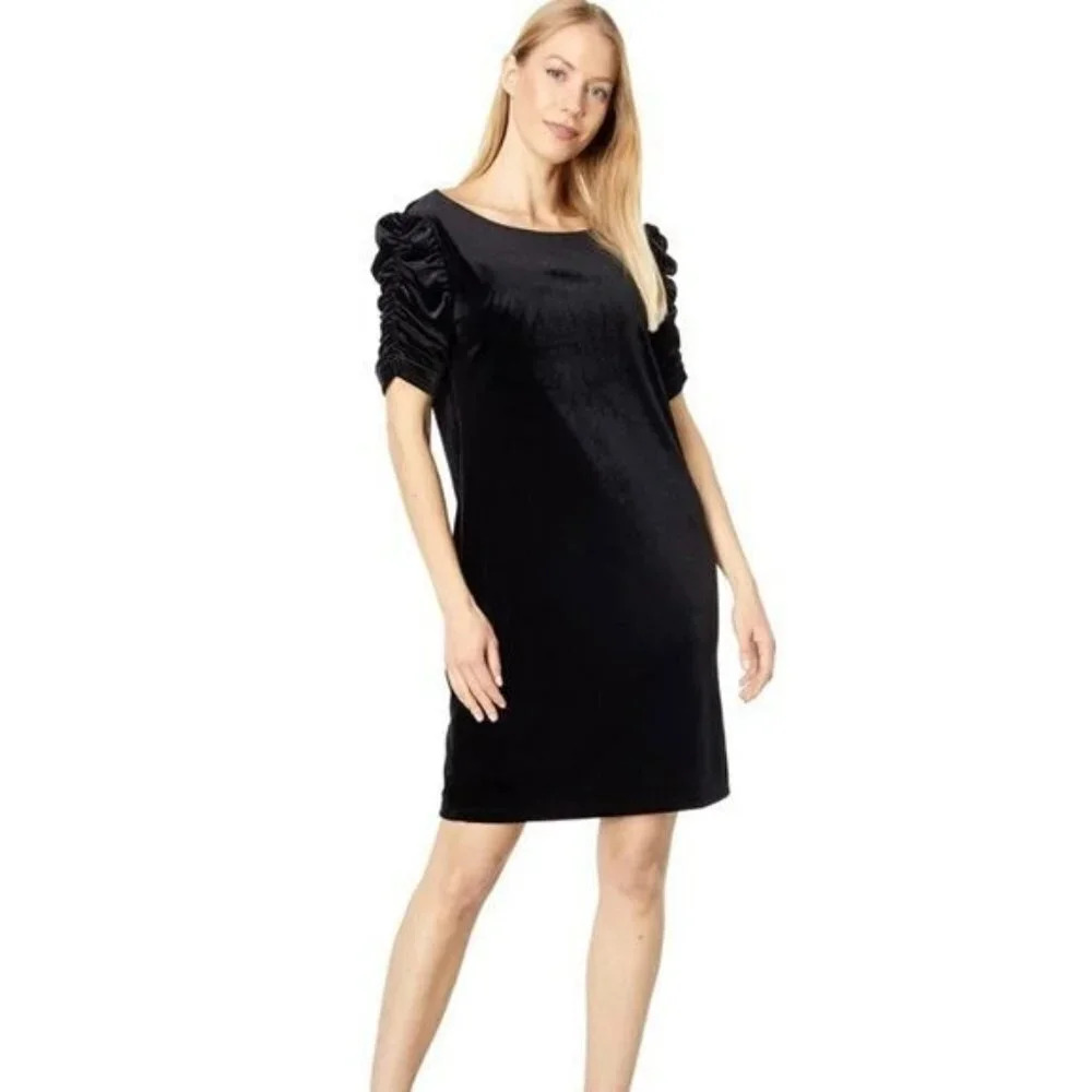 Marina Velvet‎ Shirred Sleeve Dress in Black Size 12 NWT $109